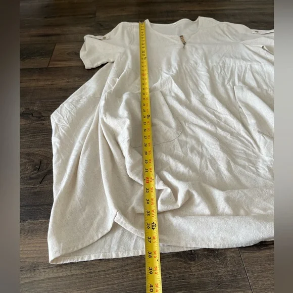 Ivory Cream Linen Pocket Short Sleeve Roll Up Button Dress Casual Comfy One Size - Picture 9 of 10